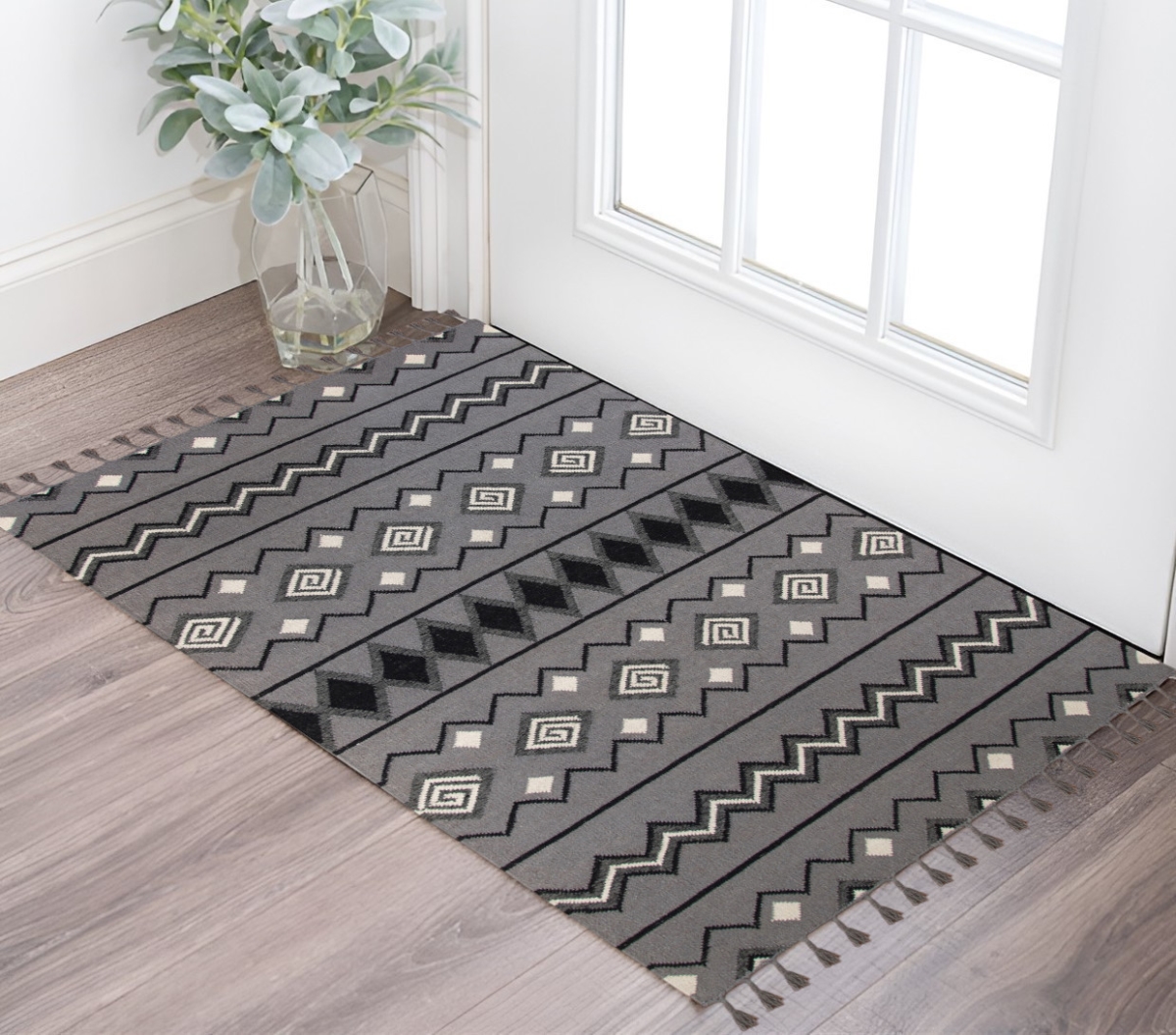 571087 3 x 5 ft. Gray White & Black Wool Tribal Flatweave Handmade Rectangle Area Rug with Fringe