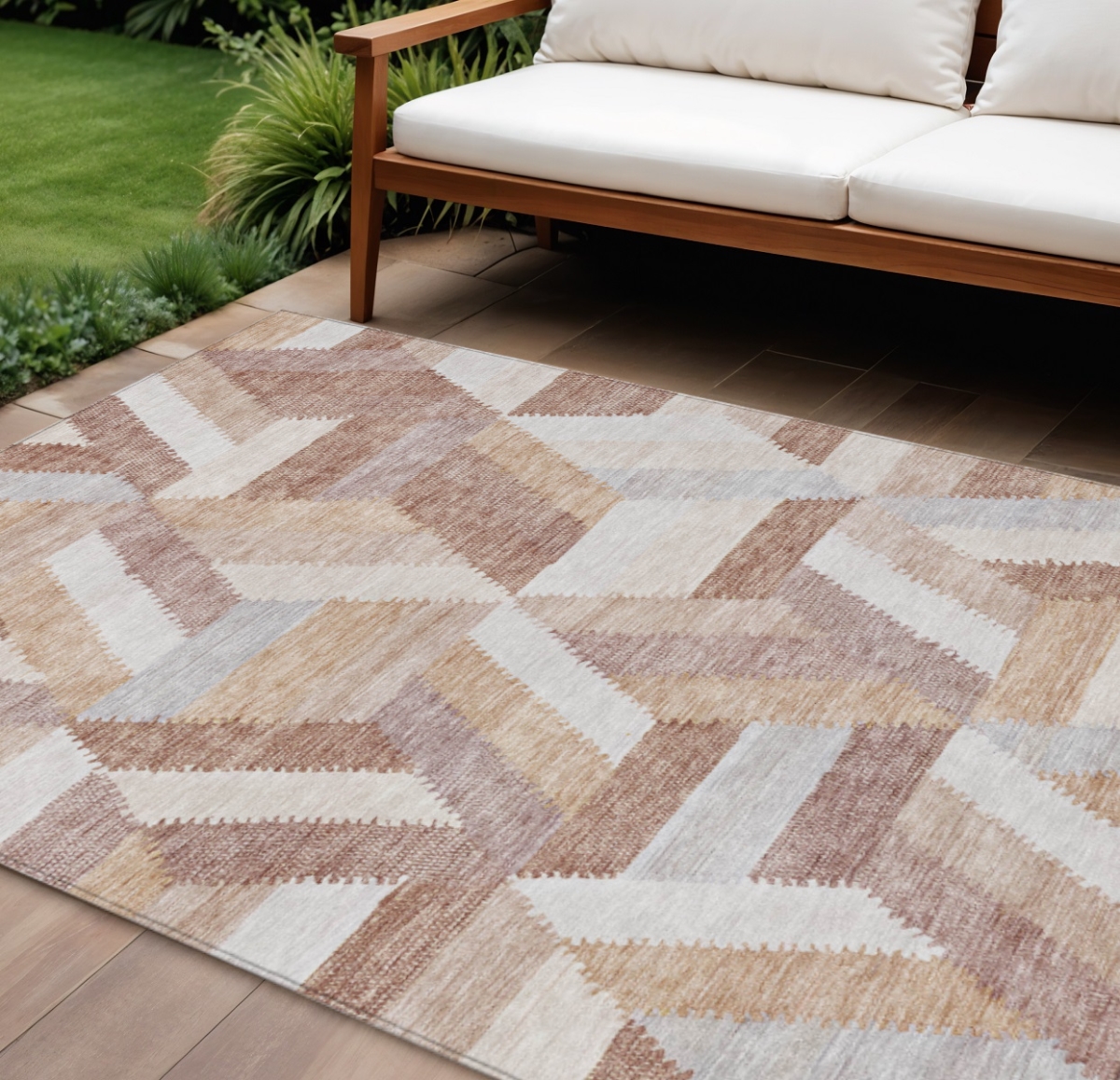 608056 9 x 12 ft. Copper Geometric Washable Indoor & Outdoor Rectangle Area Rug