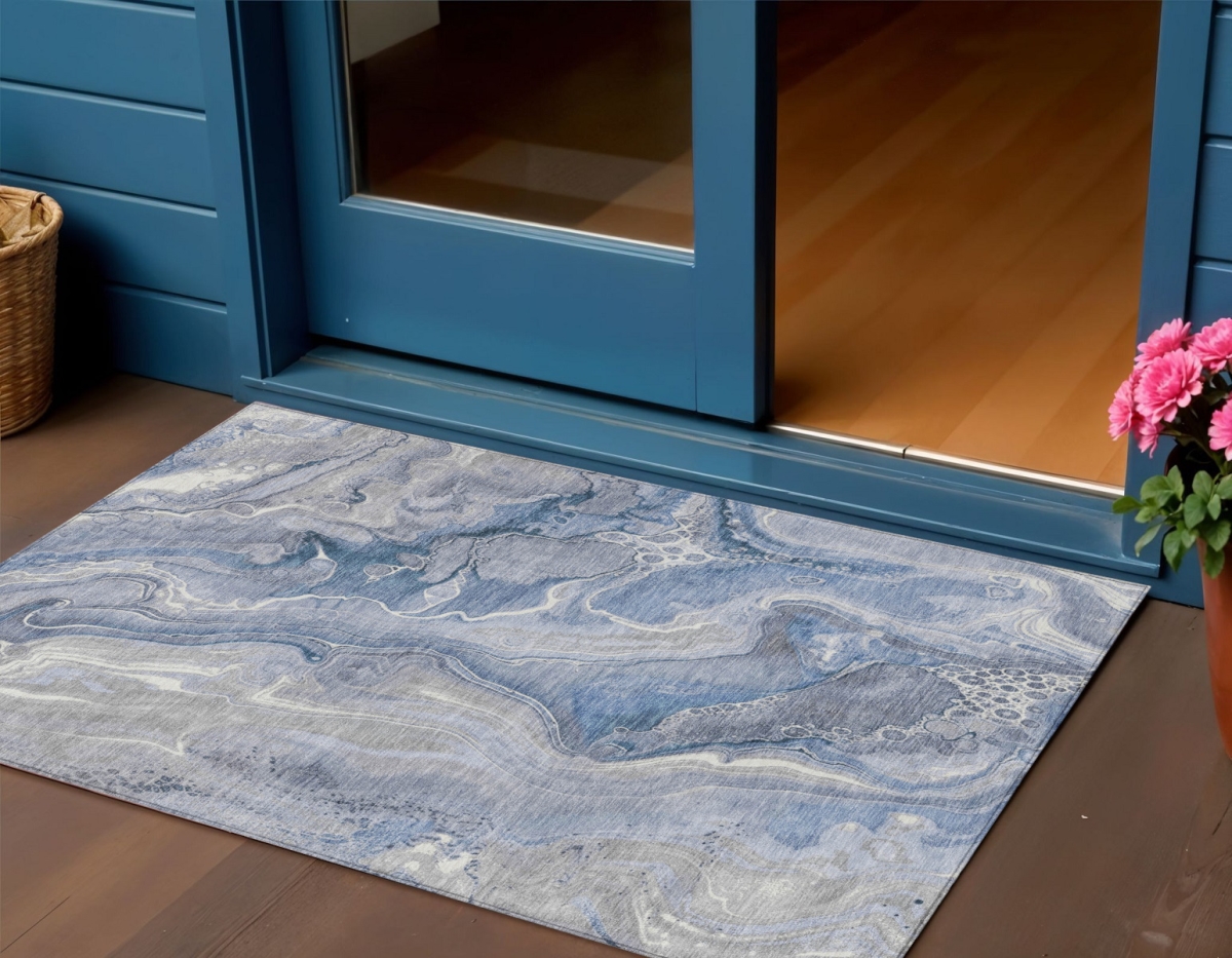 617596 3 x 5 ft. Denim Blue & Ivory Abstract Washable Indoor & Outdoor Rectangle Area Rug