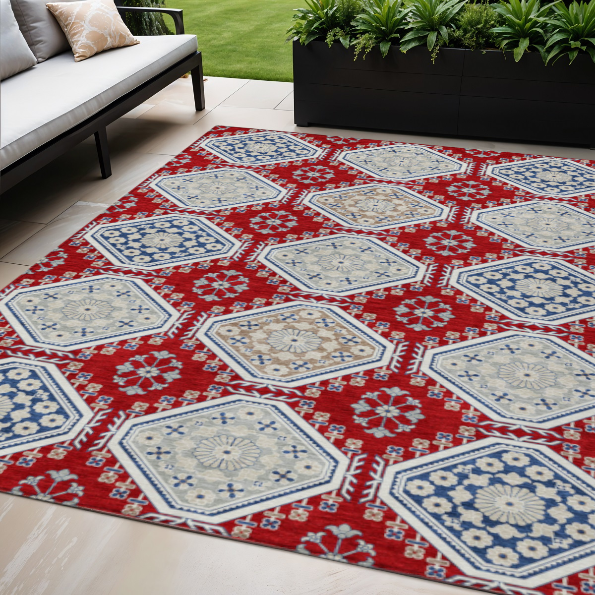 610770 5 x 8 ft. Red & Navy Blue Floral Washable Indoor & Outdoor Rectangle Area Rug
