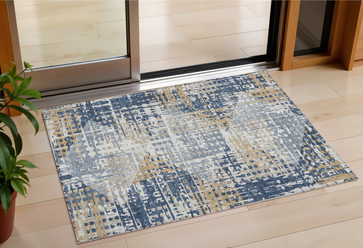 632005 3 x 5 ft. Navy Blue & Beige Geometric Washable Indoor & Outdoor Rectangle Area Rug