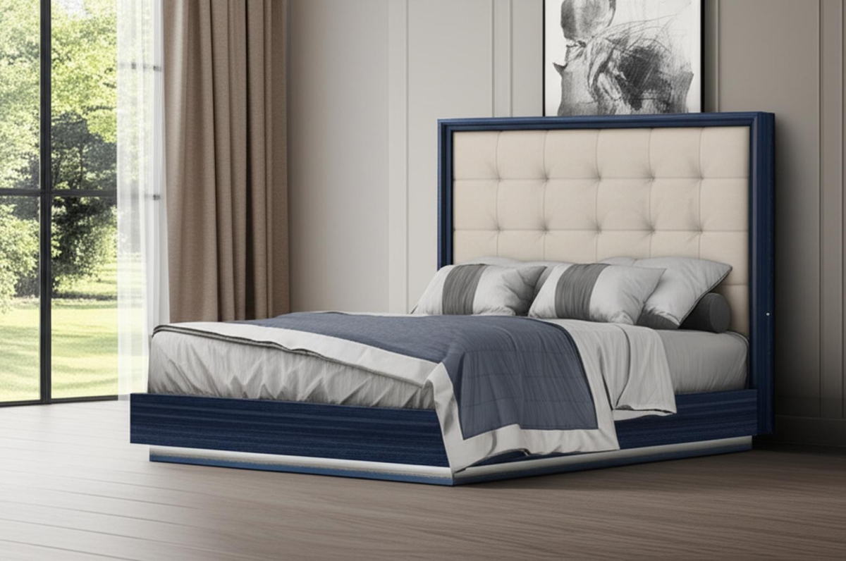 606422 Blue & Gray Wood & Tufted Faux Leather Lighted Queen Bed Frame