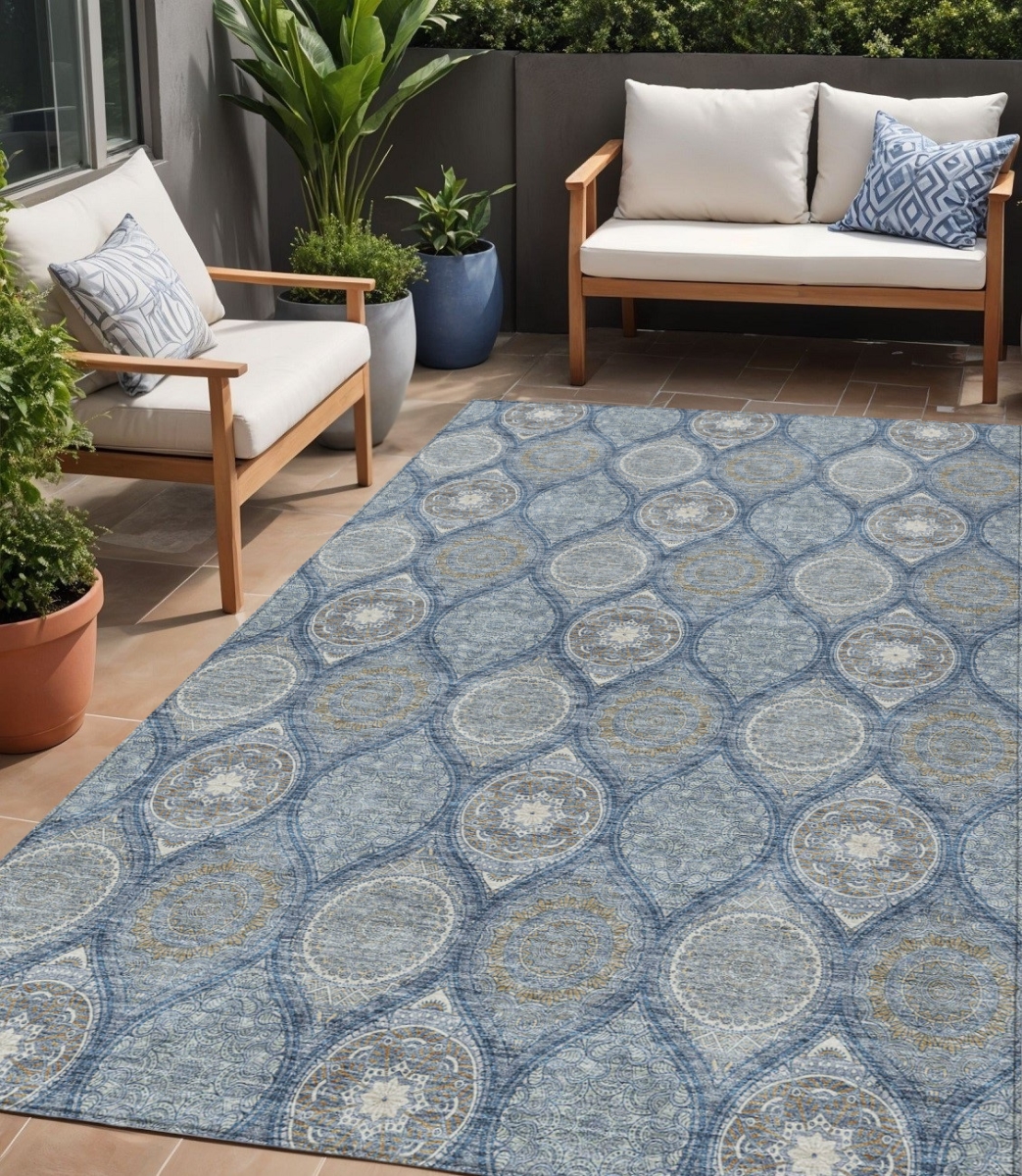 614606 5 x 8 ft. Navy Blue Ivory & Taupe Floral Medallion Washable Indoor & Outdoor Rectangle Area Rug
