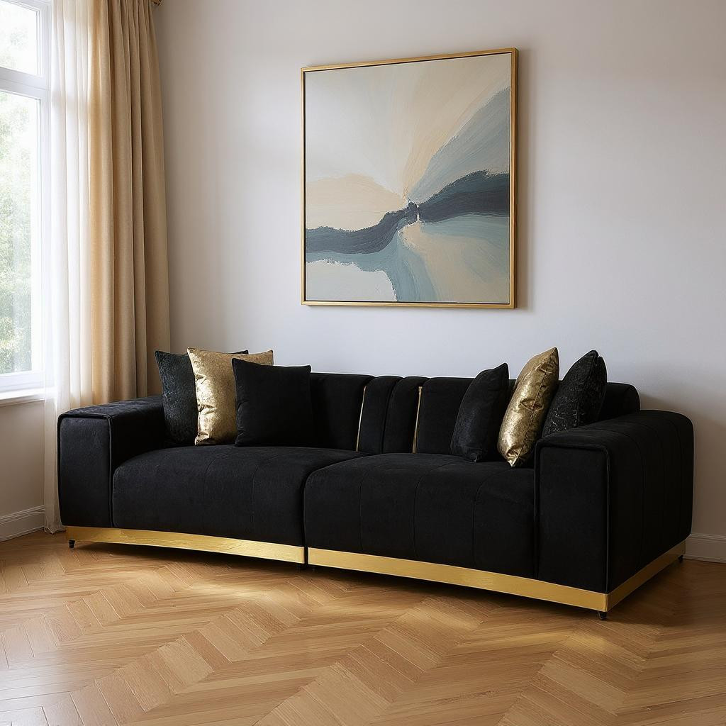 643961 Black Velvet Modular Curved 2 Piece Sectional with Toss Pillows