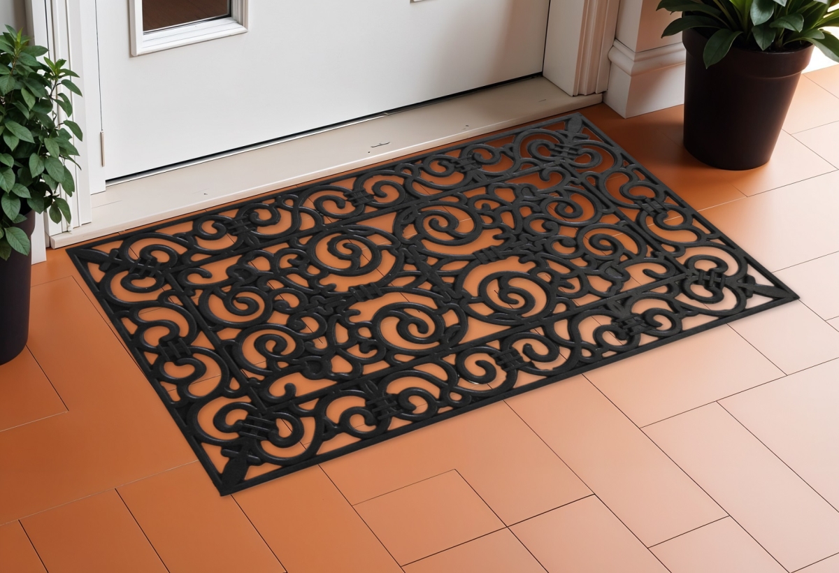 Black Scrollwork Rubber Door Mat - 24 x 36 in. - Durable & Waterproof