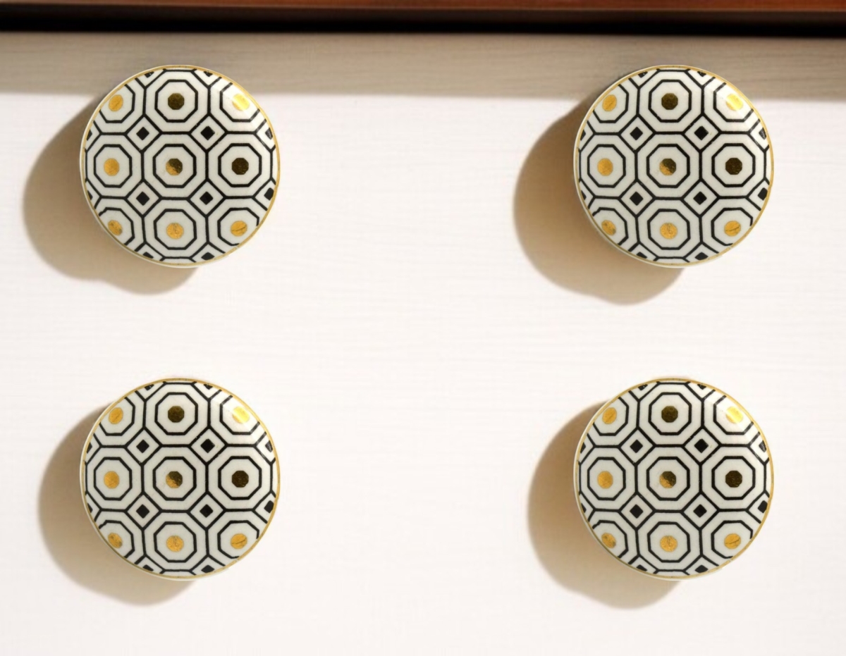 635768 White Silver & Gold Geometric Ceramic Drawer Pull Knobs - Set of 6