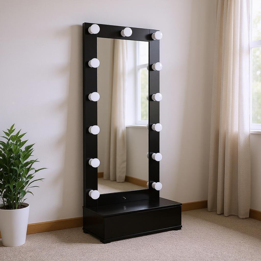 643654 74 in. Black Wood Lighted Freestanding Framed Full Length Mirror