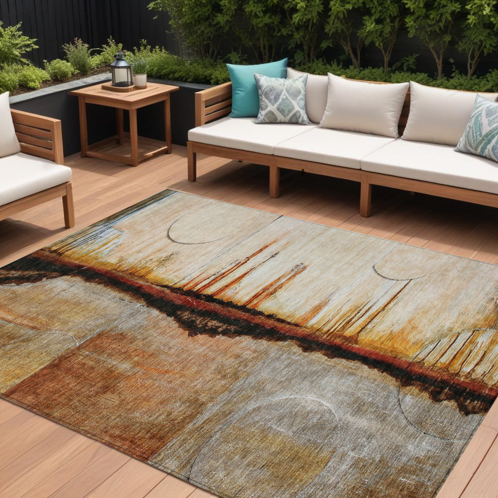 630476 10 x 14 ft. Rust & Charcoal Abstract Washable Indoor & Outdoor Rectangle Area Rug