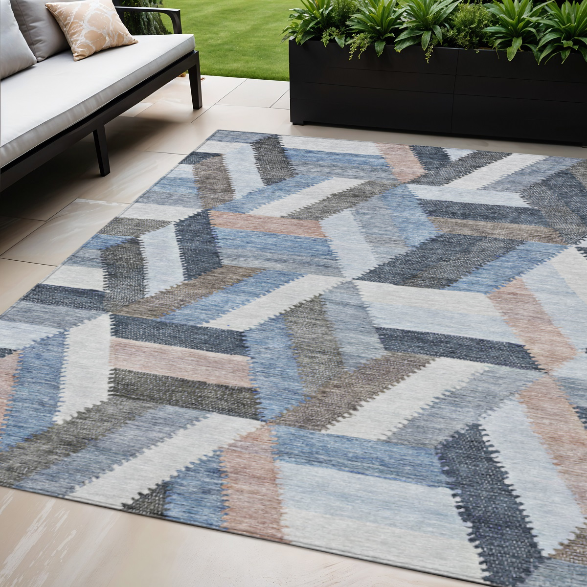 608047 5 x 8 ft. Blue Geometric Washable Indoor & Outdoor Rectangle Area Rug