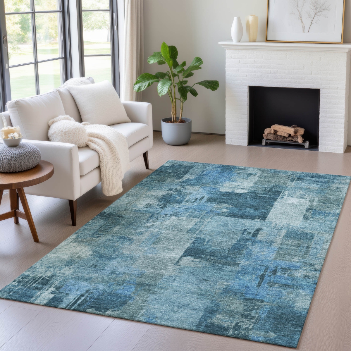 630765 3 x 5 ft. Blue & Ivory Abstract Washable Indoor & Outdoor Rectangle Area Rug
