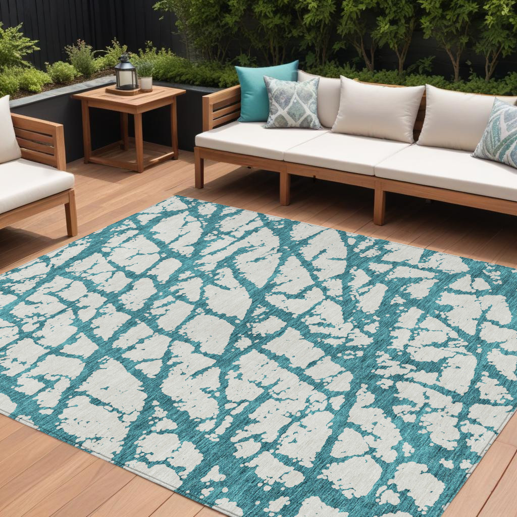 614392 8 x 10 ft. Teal Blue & Ivory Abstract Washable Indoor & Outdoor Rectangle Area Rug