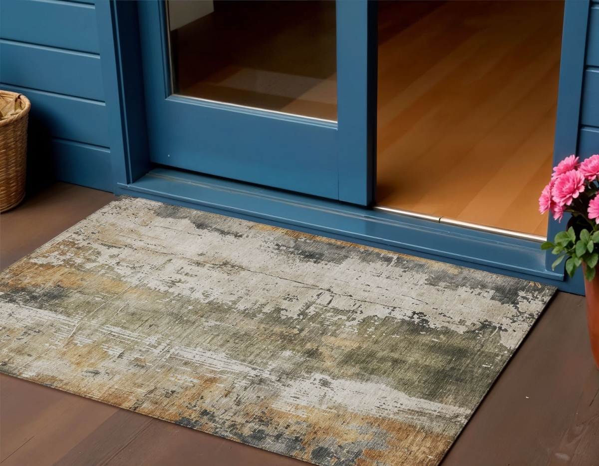 616178 3 x 5 ft. Olive Green & Ivory Abstract Washable Indoor & Outdoor Rectangle Area Rug