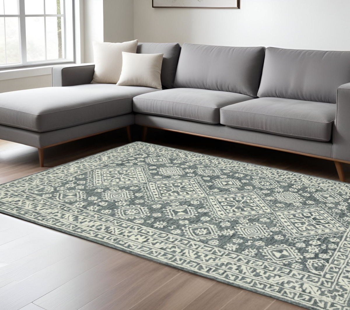 570361 8 x 10 ft. Slate Gray & Ivory Wool Oriental Hand Hooked Rectangle Area Rug