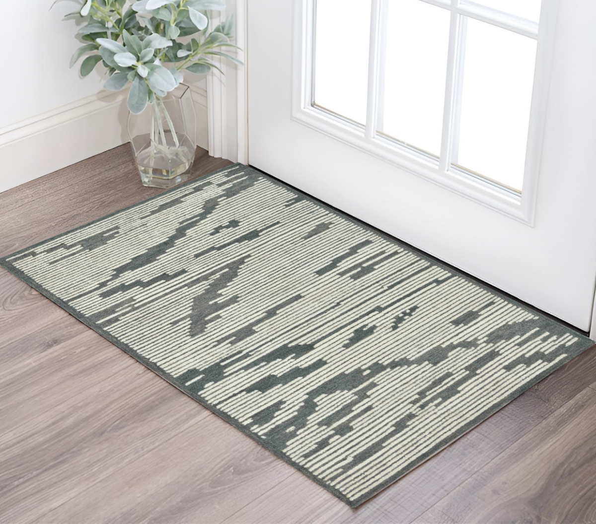 570383 2 x 3 ft. Dark Gray & Ivory Wool Abstract Hand Hooked Rectangle Area Rug
