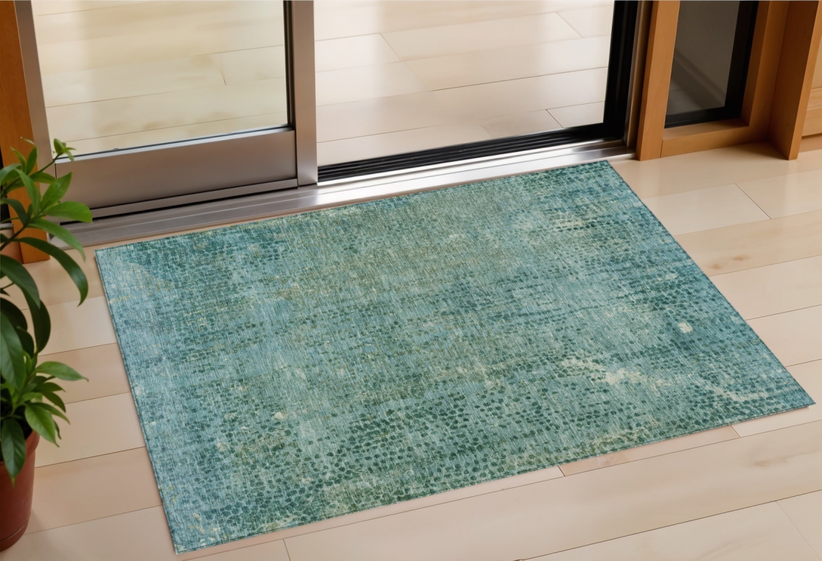 631101 3 x 5 ft. Teal Blue & Ivory Abstract Washable Indoor & Outdoor Rectangle Area Rug