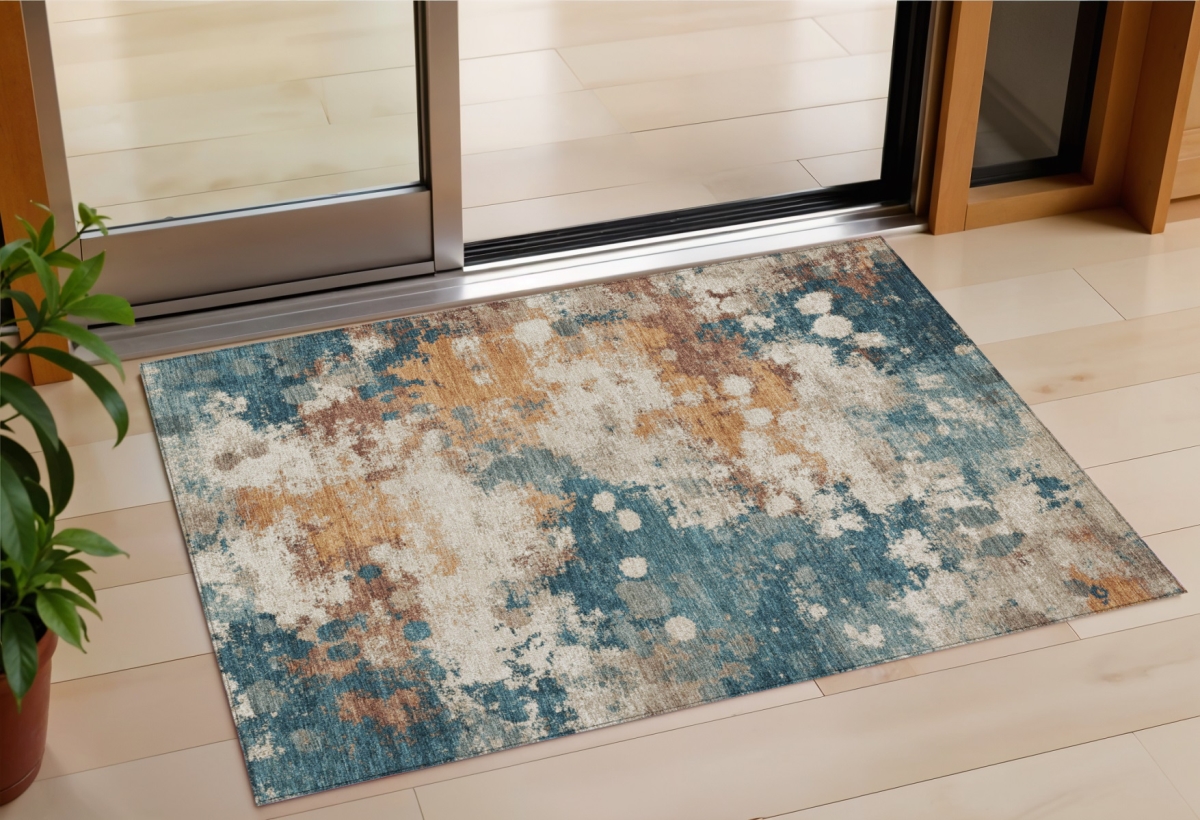 631975 3 x 5 ft. Teal Blue & Copper Abstract Washable Indoor & Outdoor Rectangle Area Rug