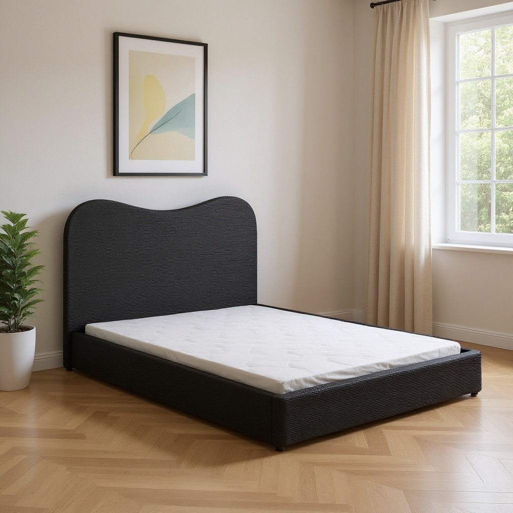 583190 Black Ribbed Texture Velvet Upholstered Queen Bed Frame