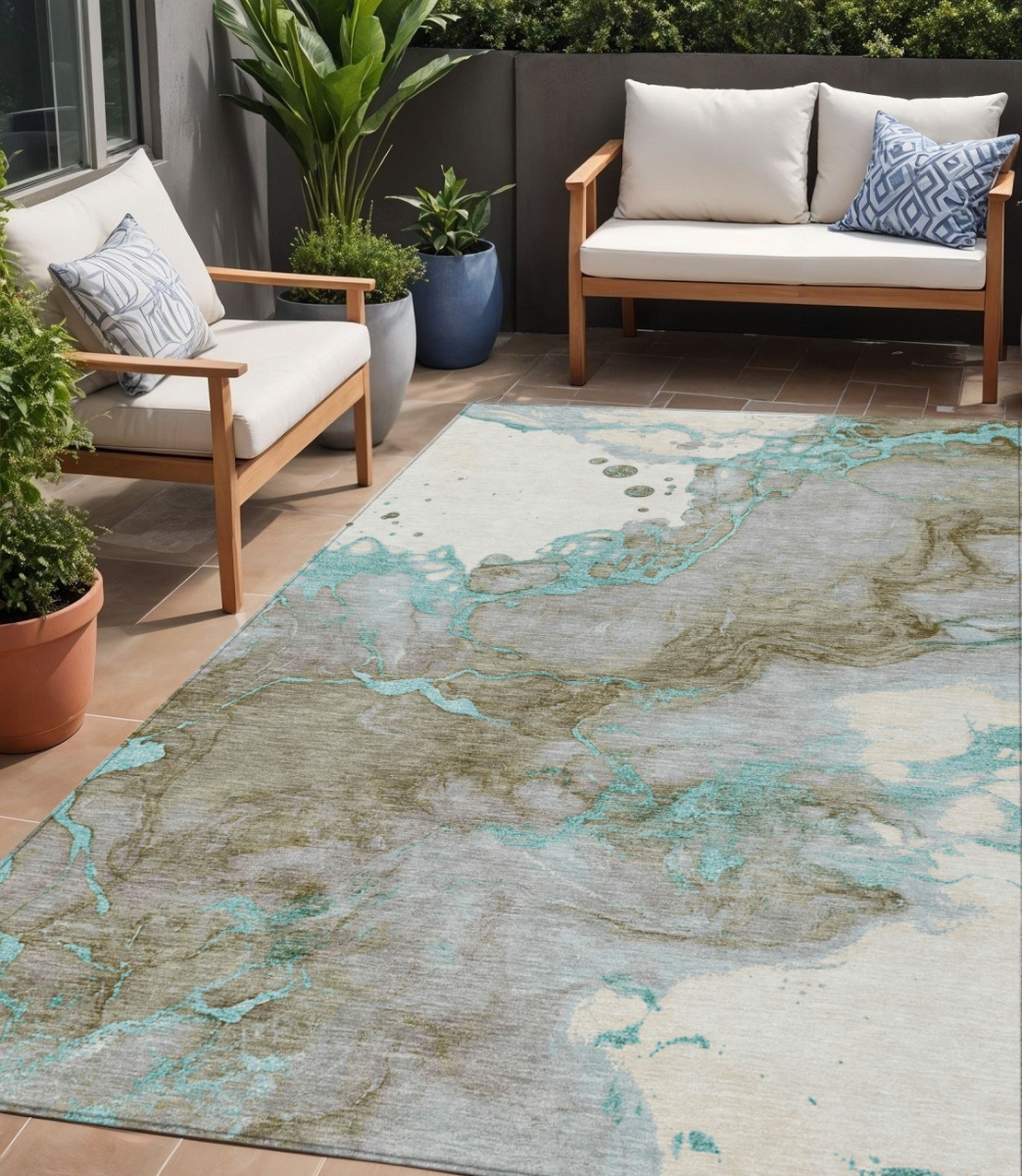 631892 5 x 8 ft. Teal Blue & Brown Abstract Washable Indoor & Outdoor Rectangle Area Rug
