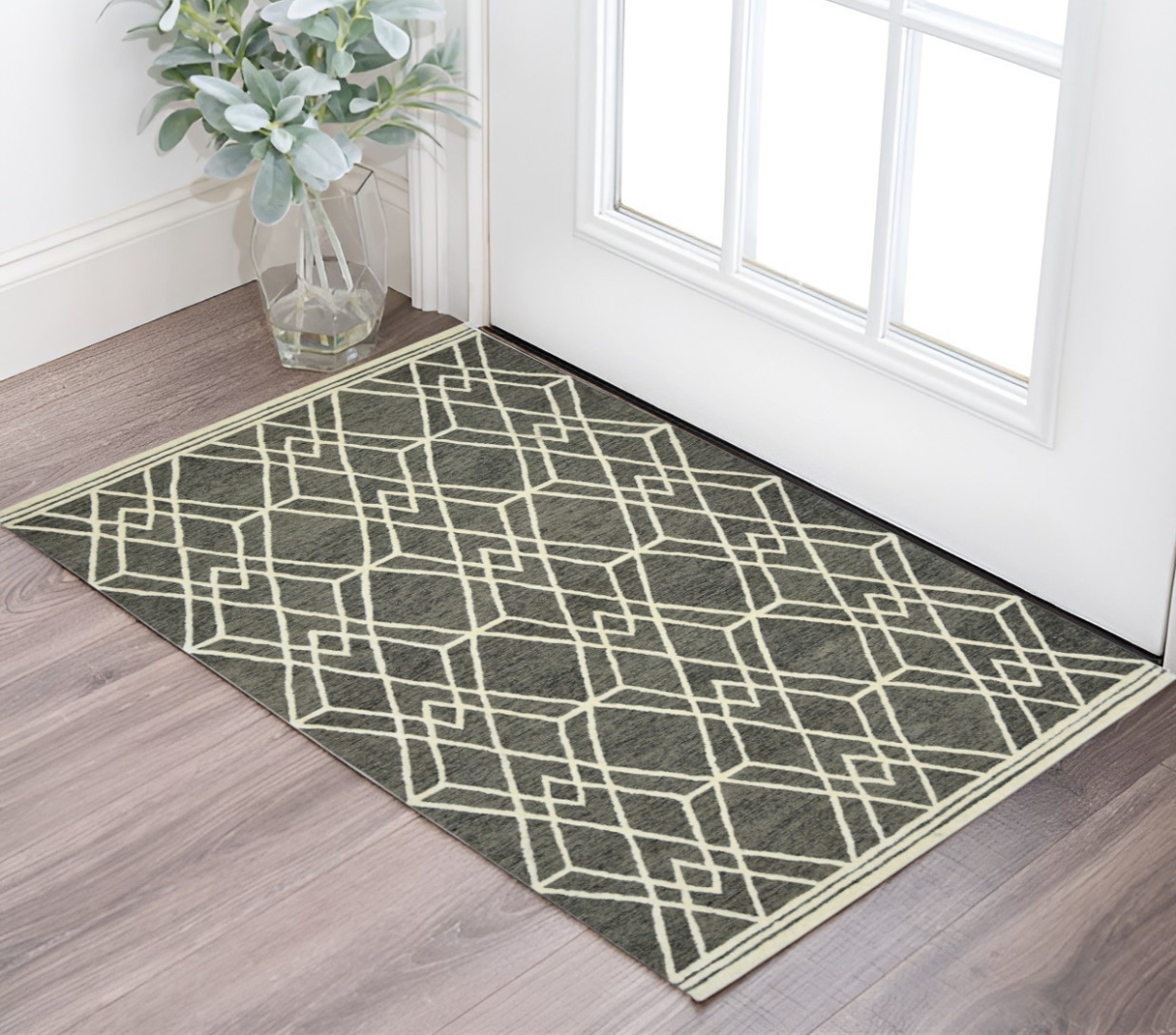 570427 2 x 3 ft. Dark Gray & Ivory Wool Geometric Hand Hooked Rectangle Area Rug