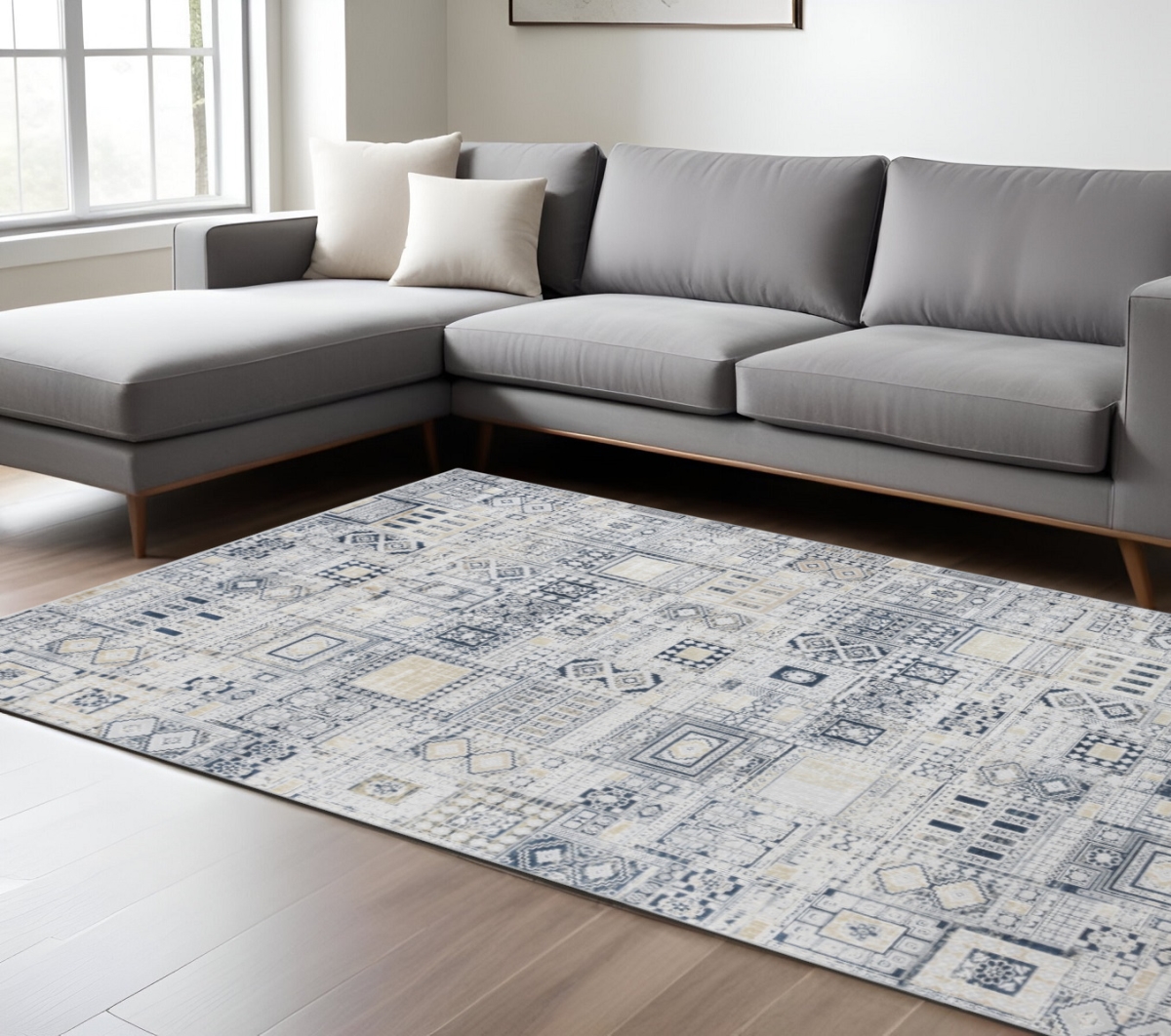 570908 8 x 10 ft. Ivory Black & Gold Ikat Rectangle Area Rug
