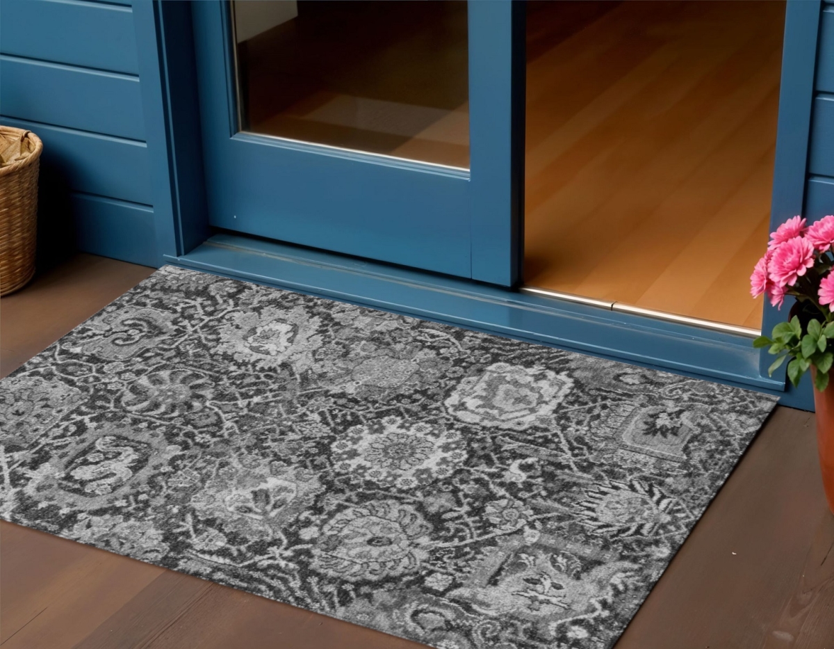 609072 3 x 5 ft. Gray & Ash Gray Damask Washable Indoor & Outdoor Rectangle Area Rug