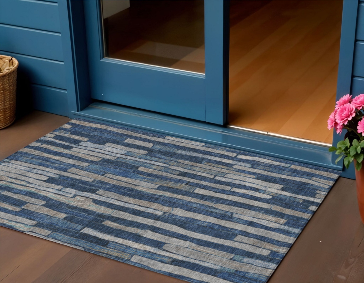 608952 3 x 5 ft. Navy Blue & Denim Blue Striped Washable Indoor & Outdoor Rectangle Area Rug