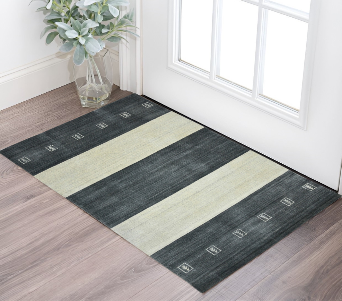570696 2 x 3 ft. Charcoal & Ivory Wool Striped Hand Woven Rectangle Area Rug