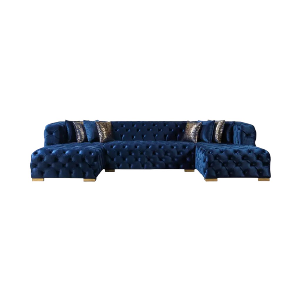 642271 Tufted Blue Velvet Modular U Shaped Sofa & Chaise Sectional with Toss Pillows