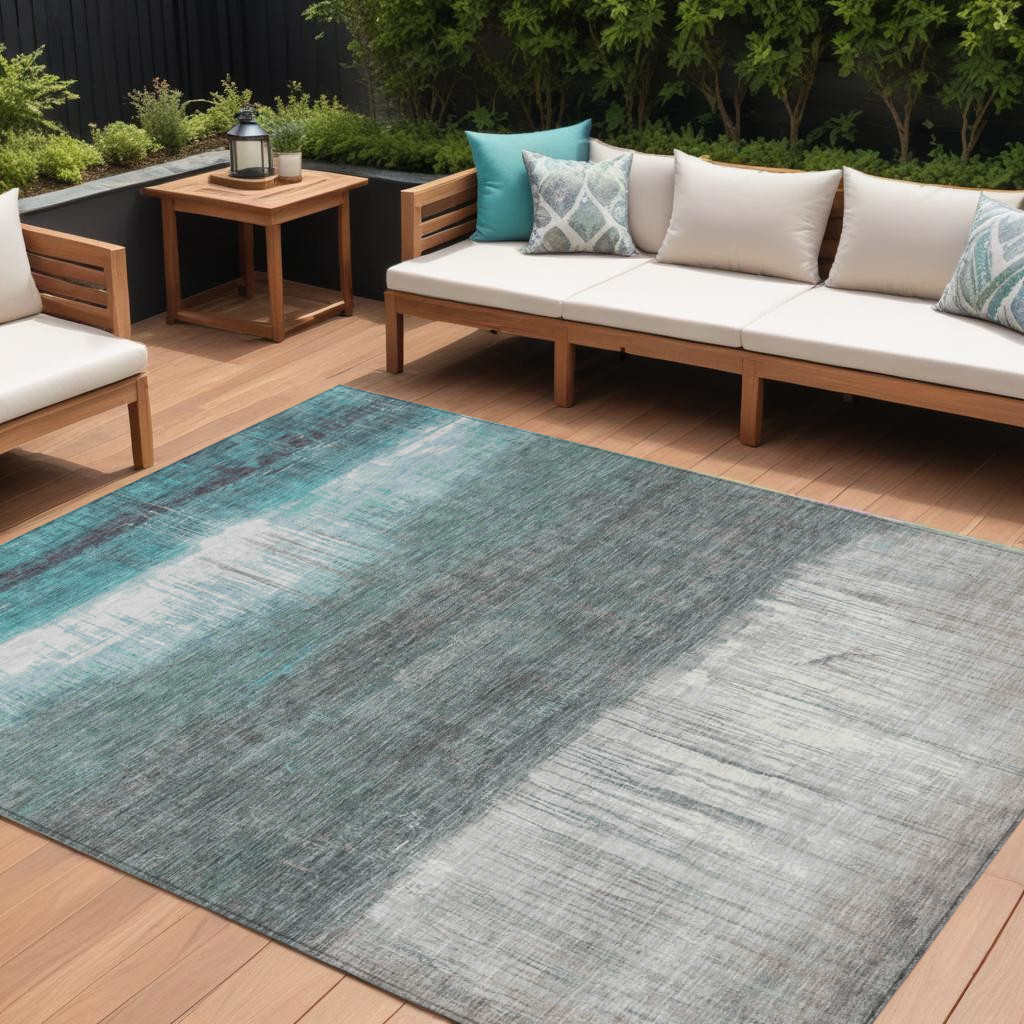 632064 10 x 14 ft. Teal Blue & Gray Abstract Washable Indoor & Outdoor Rectangle Area Rug