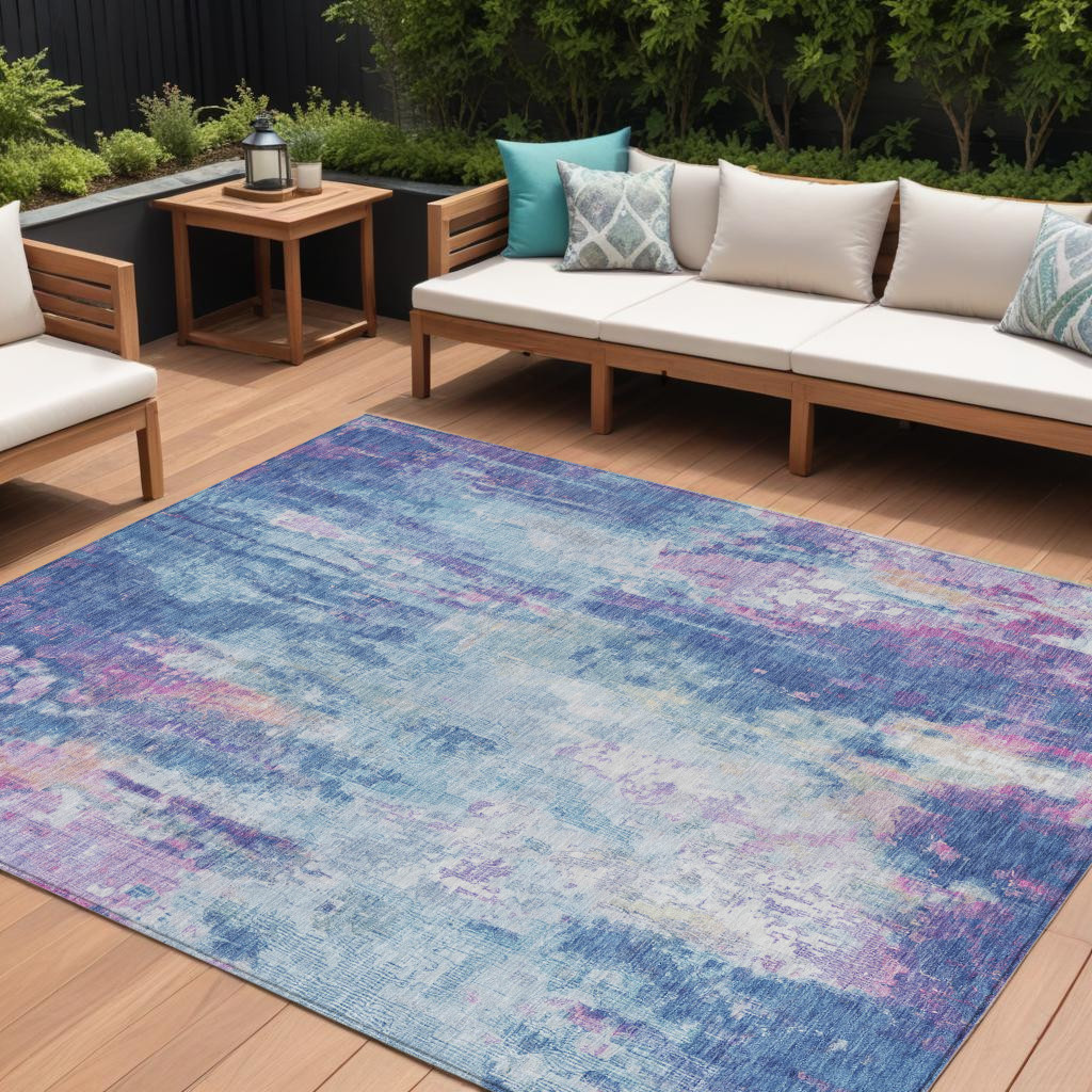 615859 10 x 14 ft. Blue Peach & Sky Blue Abstract Washable Indoor & Outdoor Rectangle Area Rug