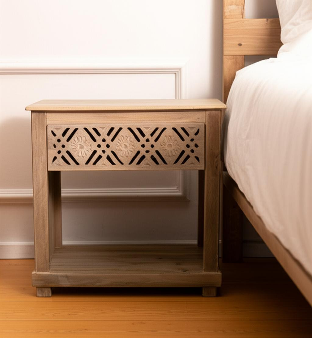 555399 28 in. Natural Solid Wood Carved Geometric One Drawer Nightstand