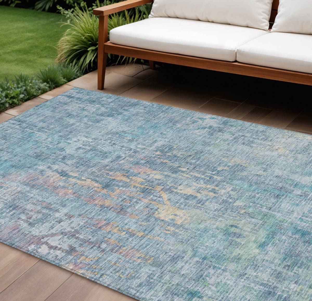 607865 10 x 14 ft. Blue Abstract Washable Indoor & Outdoor Rectangle Area Rug