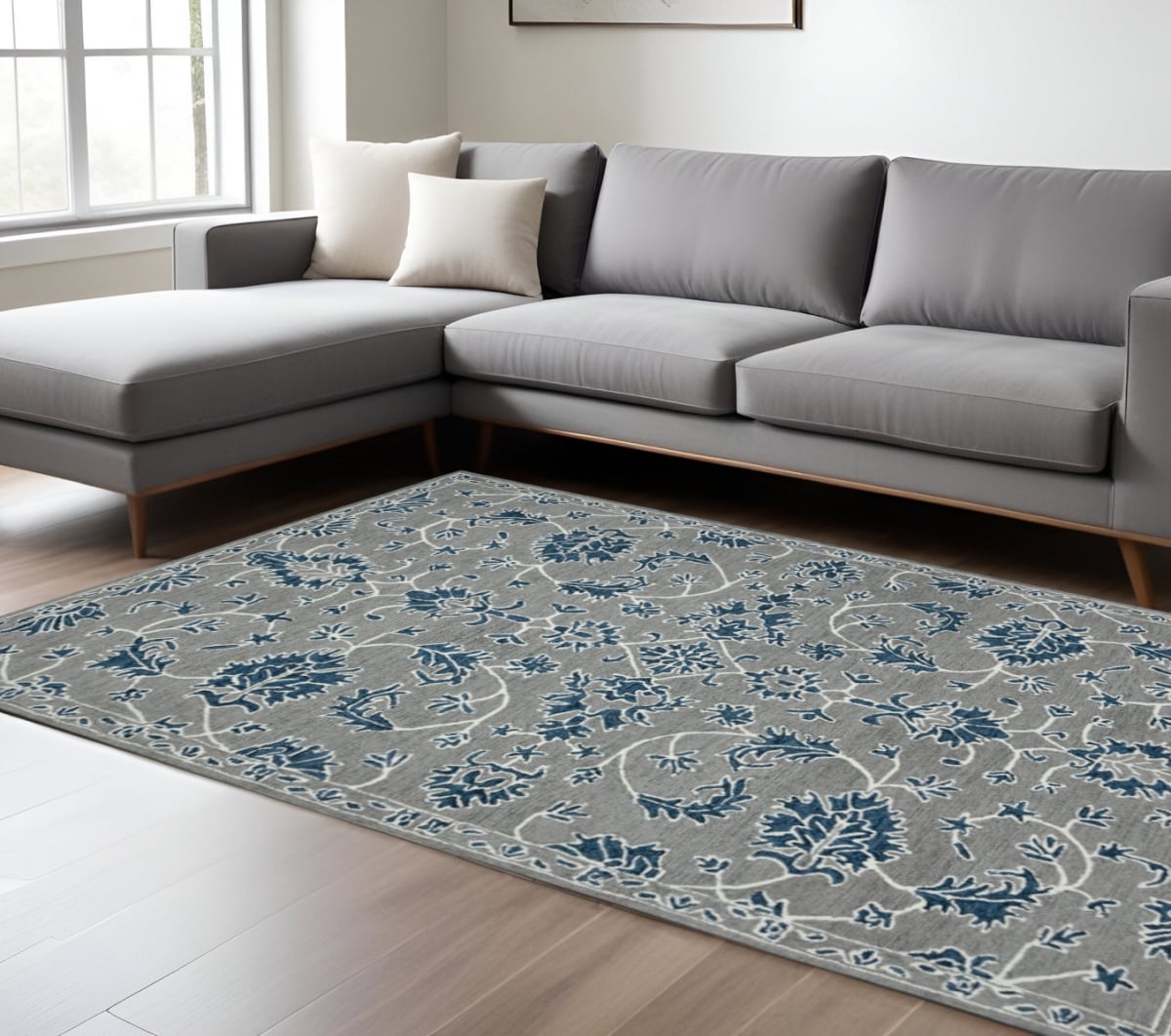 570393 8 x 10 ft. Gray Blue & Ivory Wool Floral Medallion Hand Hooked Rectangle Area Rug