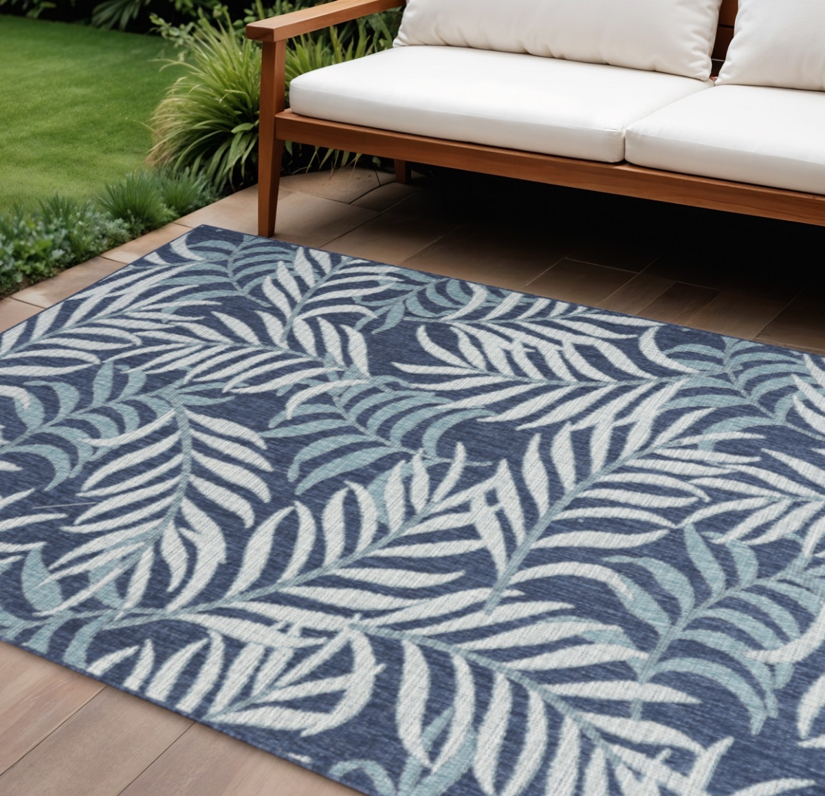 551478 9 x 12 ft. Navy Blue & Ivory Palm Leaf Indoor & Outdoor Rectangle Area Rug