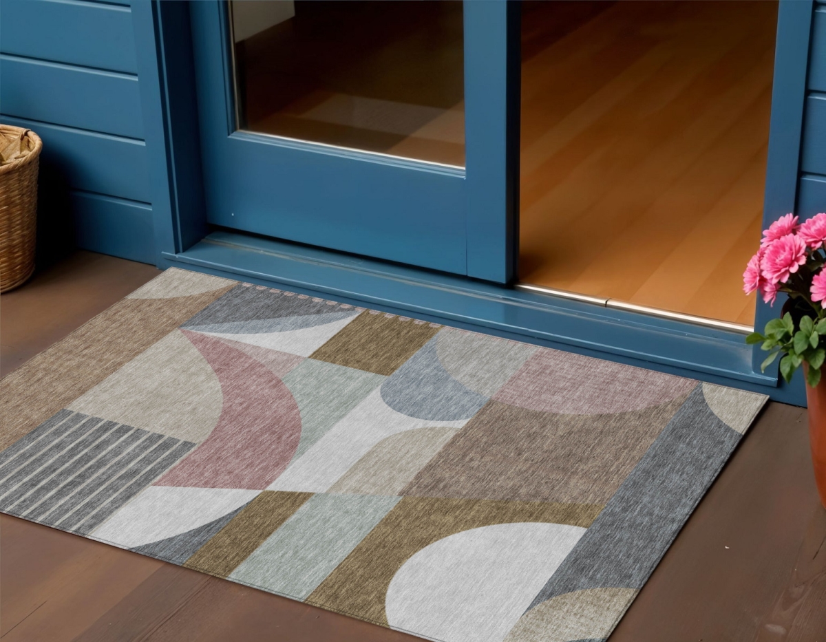 616730 3 x 5 ft. Brown Ivory & Mauve Geometric Washable Indoor & Outdoor Rectangle Area Rug