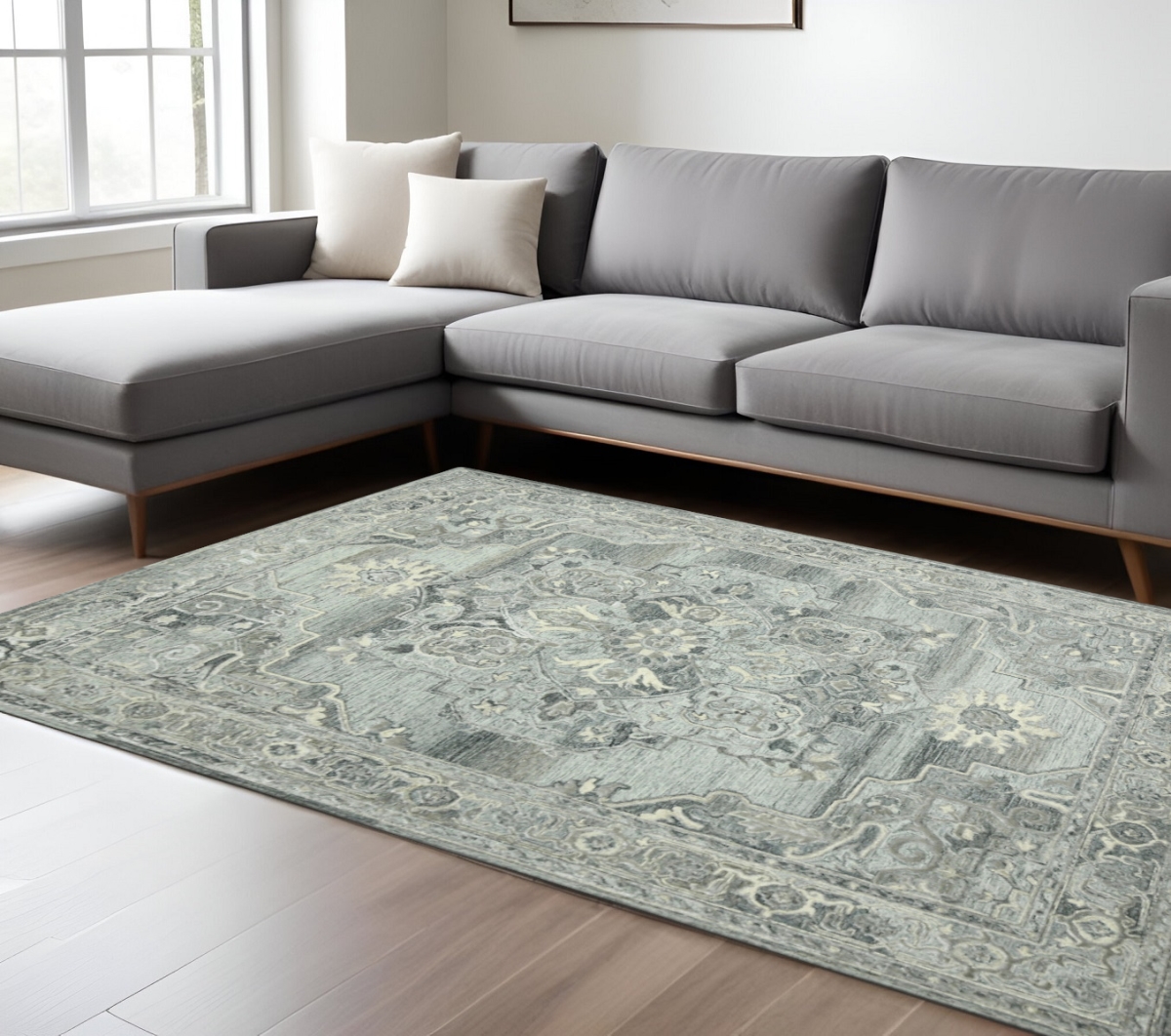 570594 9 x 13 ft. Gray Ivory & Light Blue Wool Oriental Hand Tufted Rectangle Area Rug