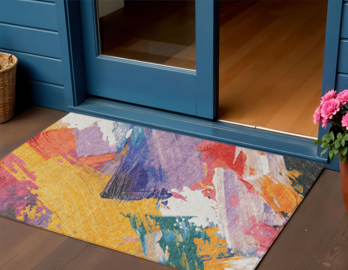 611216 3 x 5 ft. Gold Purple & Teal Blue Abstract Washable Indoor & Outdoor Rectangle Area Rug