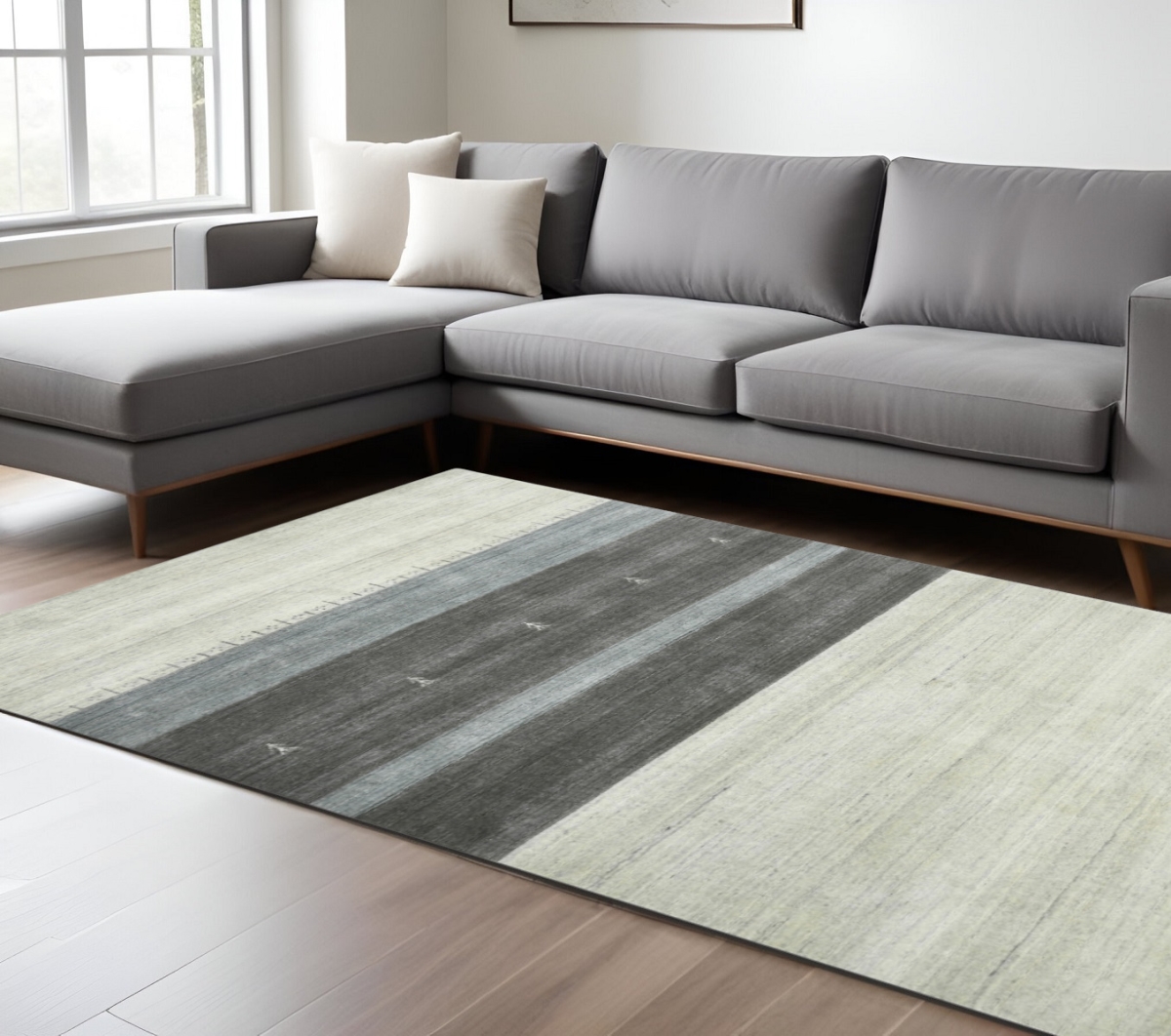 570691 9 x 12 ft. Ivory Gray & Green Wool Striped Hand Woven Rectangle Area Rug