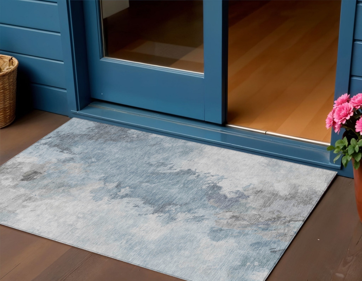 617419 3 x 5 ft. Sky Blue Gray & Ivory Abstract Washable Indoor & Outdoor Rectangle Area Rug