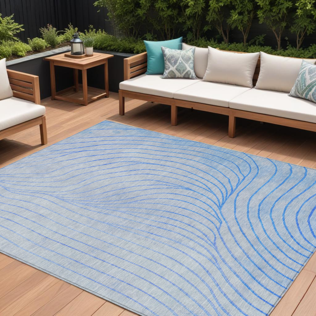 631760 10 x 14 ft. Blue & Silver Abstract Washable Indoor & Outdoor Rectangle Area Rug
