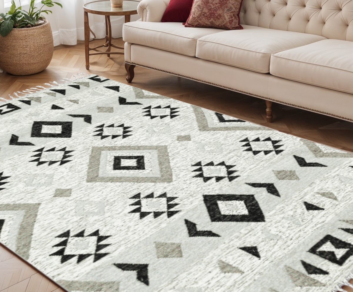 571092 5 x 8 ft. Silver Black & Gray Wool Tribal Flatweave Handmade Rectangle Area Rug with Fringe