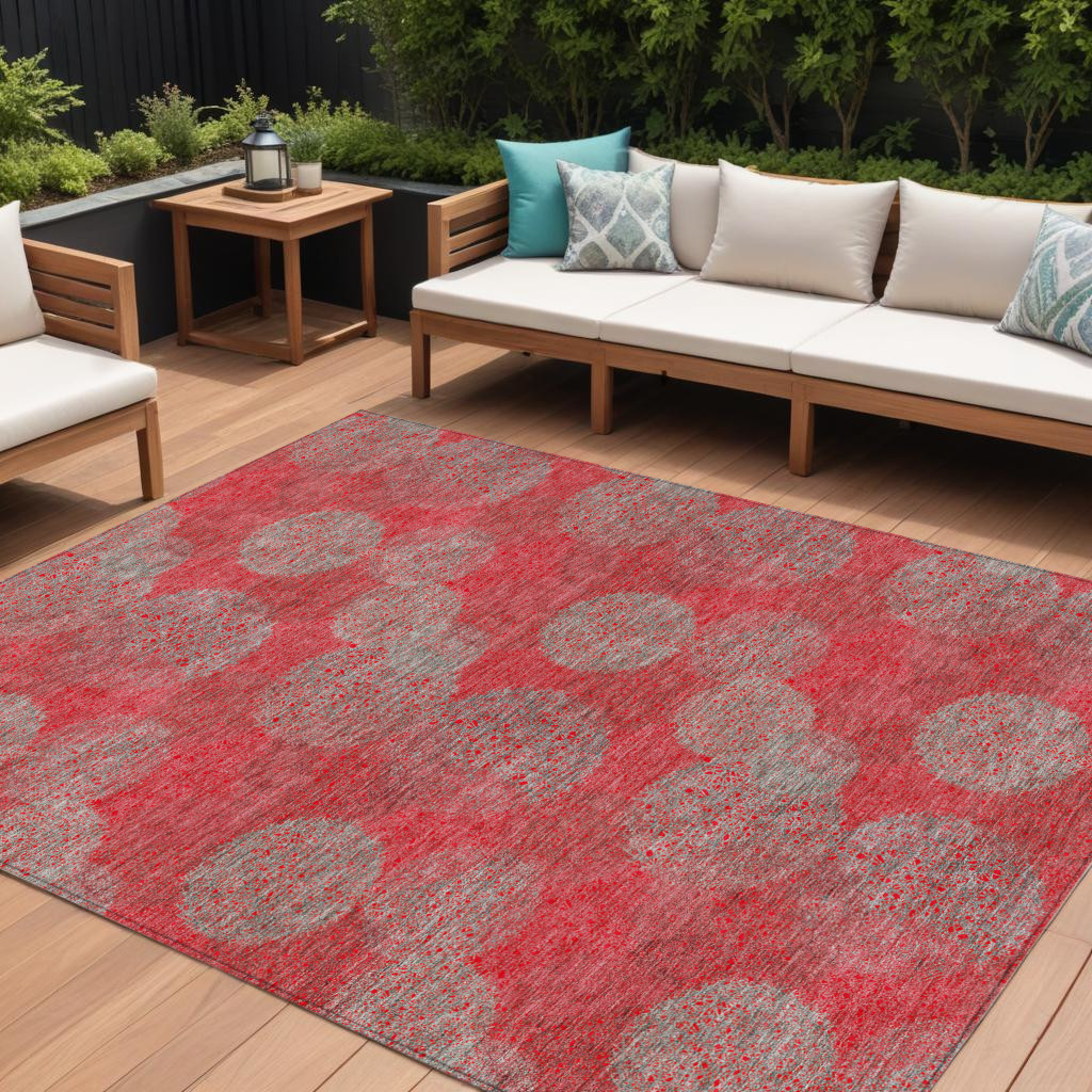 614706 10 x 14 ft. Red Gray & Silver Polka Dot Washable Indoor & Outdoor Rectangle Area Rug