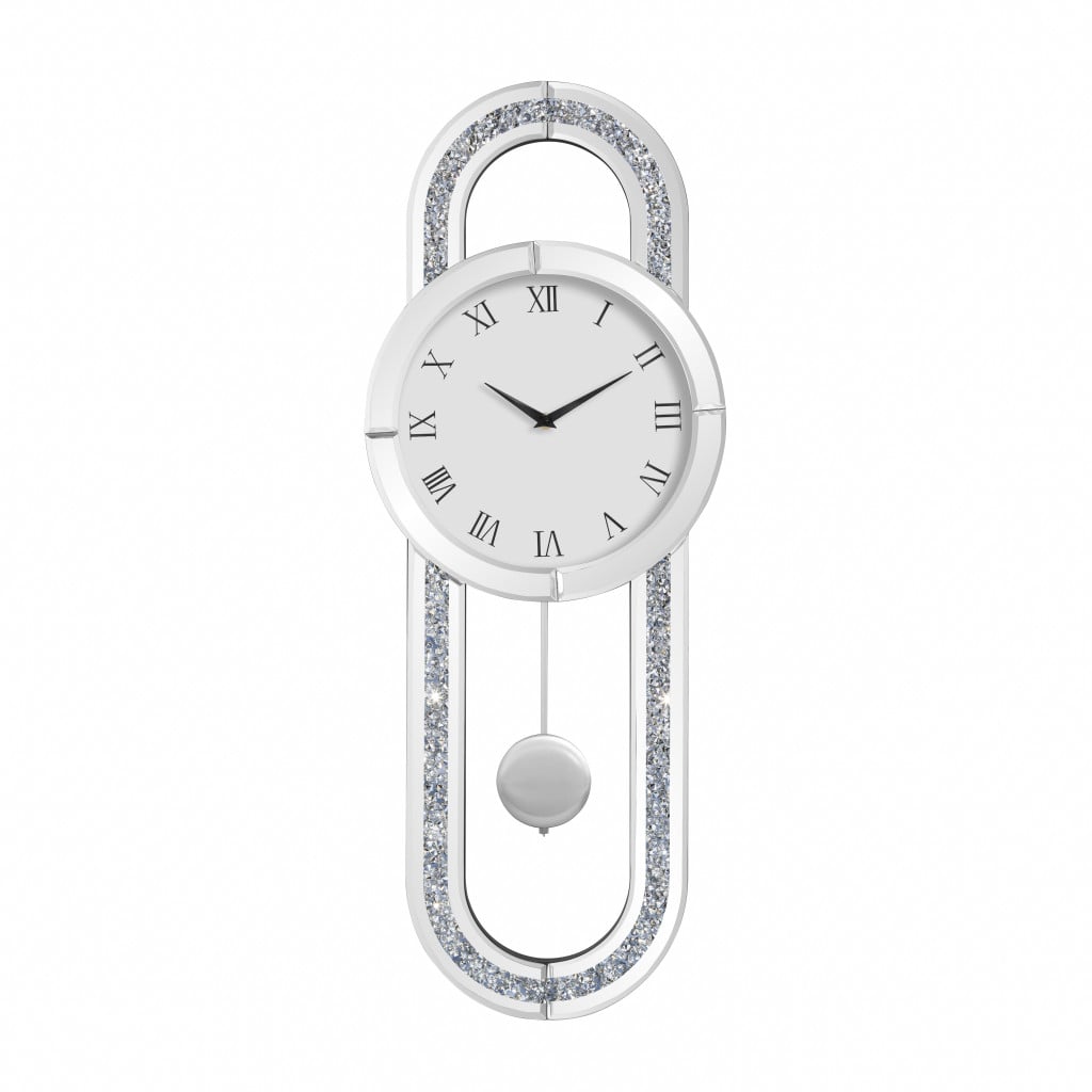 635636 15 in. Silver Faux Crystal & Mirrored Glass Silent Analog Oval Wall Clock