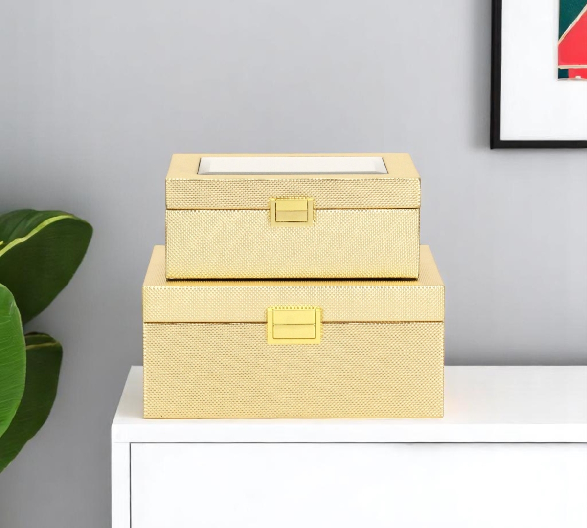 630411 Gold Faux Leather & Mirrored Glass Jewelry Boxes - Set of 2