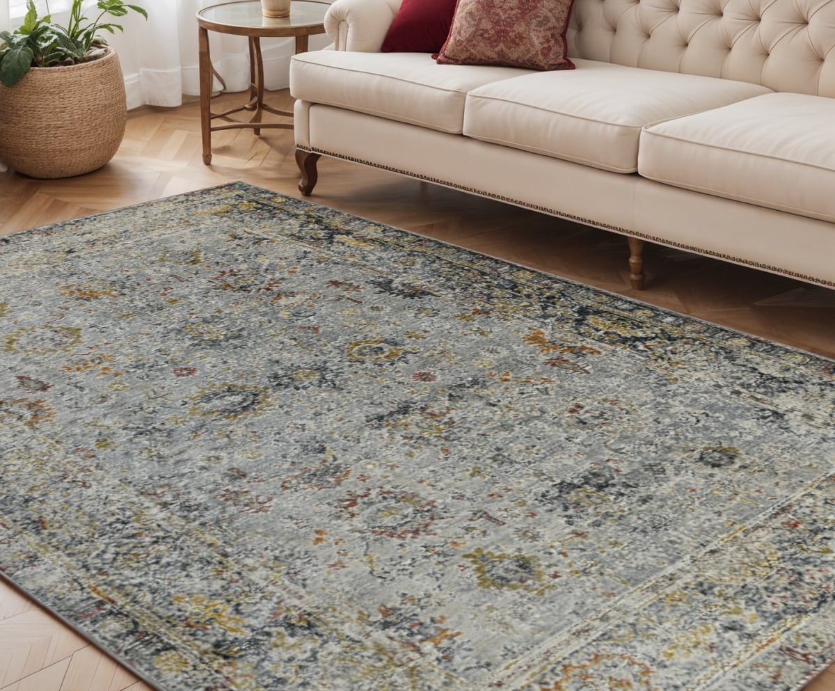 570802 5 x 8 ft. Gray Blue & Rust Floral Medallion Rectangle Area Rug