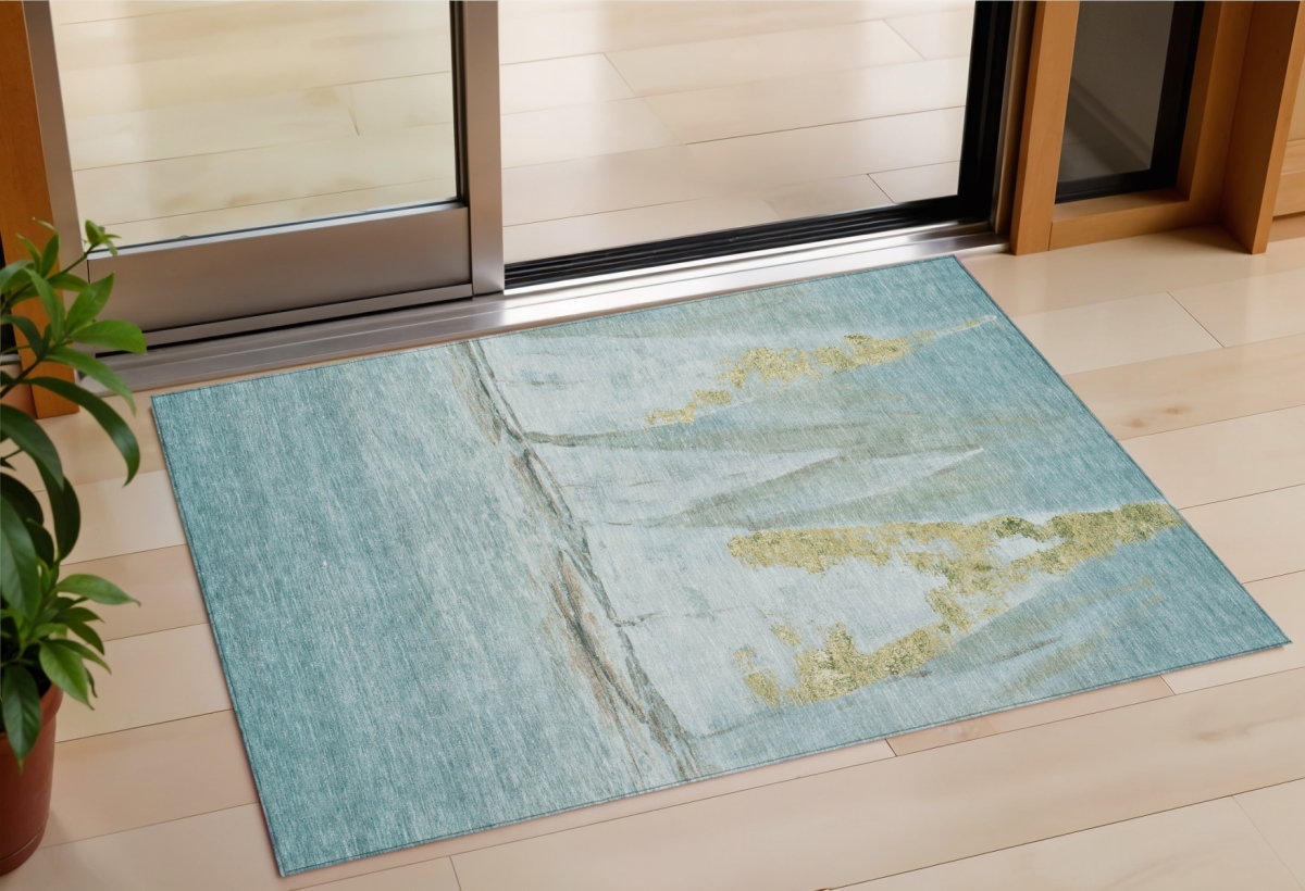 Nautical Washable Area Rug - Teal Blue & Gold - 3 x 5 ft - Durable & Stain Resistant