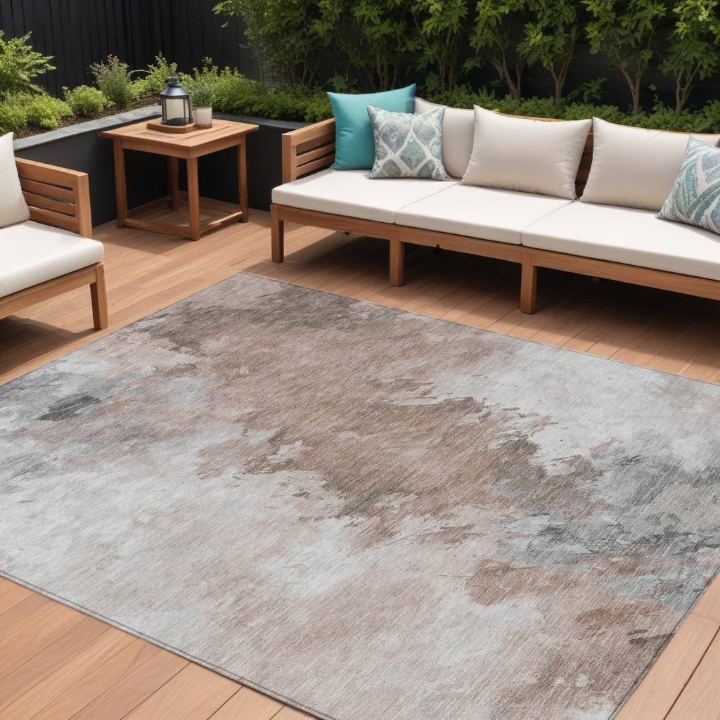 617412 10 x 14 ft. Brown Ivory & Gray Abstract Washable Indoor & Outdoor Rectangle Area Rug