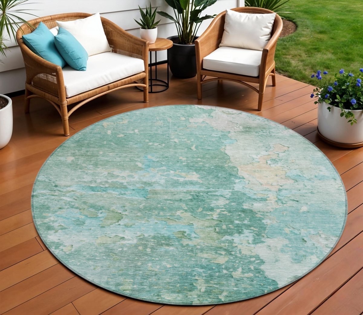607784 8 ft. Emerald Round Abstract Washable Indoor & Outdoor Area Rug