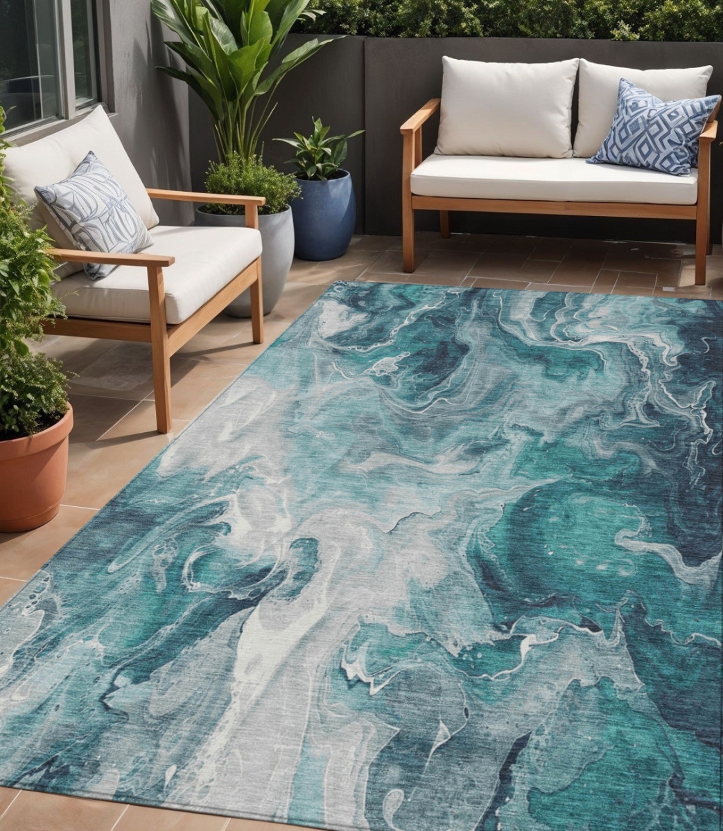 617801 5 x 8 ft. Teal Blue & Ivory Abstract Washable Indoor & Outdoor Rectangle Area Rug