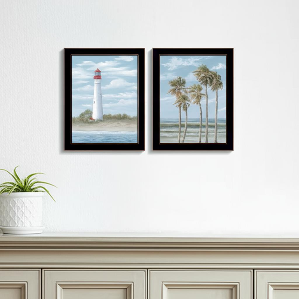 568580 Cape May Lighthouse & Palm Trees Black Framed Wall Art - Set of 2